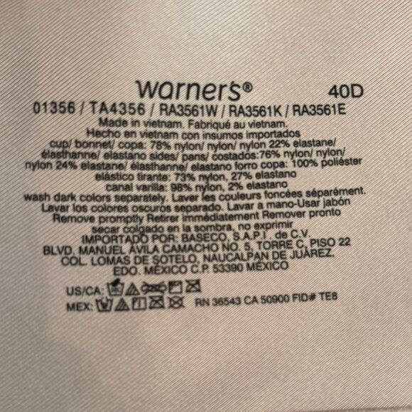 WARNERS SIZE 40D NO SIDE EFFECTS UNDER ARM SMOOTHING COMFORT UNDERWIRE BRA - Picture 9 of 9